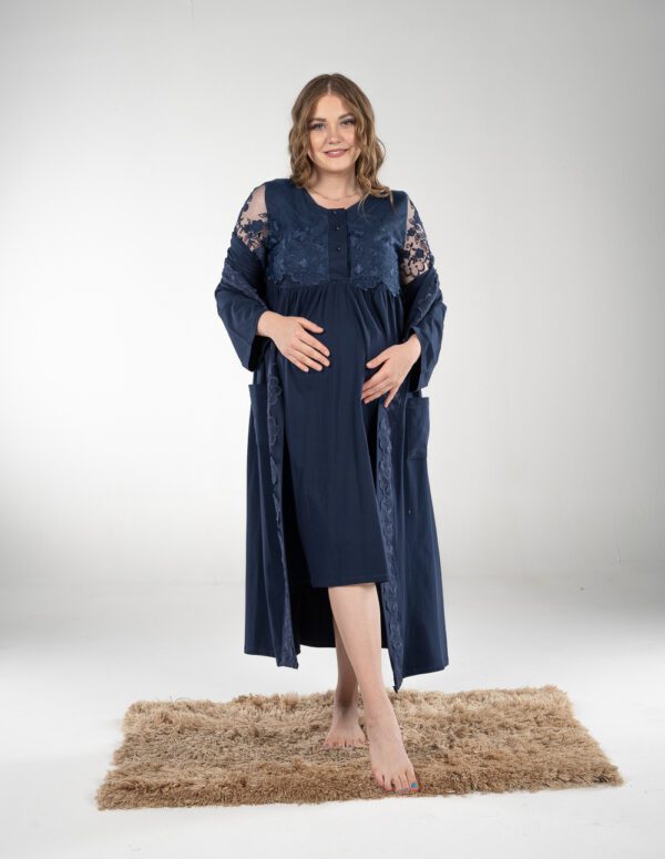 SM204 - طقم قميص نوم ميدي - أزرق غامق, S