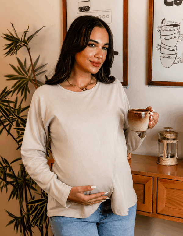 SM206 - بلوزة راب كم طويل ساده - S, بيج